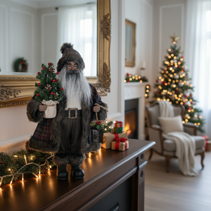 Figura <span class=keywords><strong>de</strong></span> Papá Noel Negro con Abrigo <span class=keywords><strong>de</strong></span> Piel y Mini <span class=keywords><strong>Linterna</strong></span> <span class=keywords><strong>de</strong></span> Árbol para Decoración Inclusiva en el Hogar y la Escuela - Product Image 1