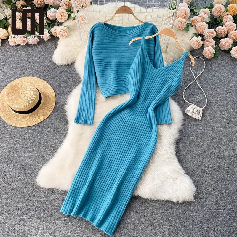 Liu Ming Winter Women Clothing 2023 New Sexy Knitting Costume Sweater Solid Color Tops And Dress Set