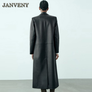 JANVENY 2024 Nuovo Cappotto in <span class=keywords><strong>Ecopelle</strong></span> Sopra il Ginocchio Primavera-Autunno da Donna <span class=keywords><strong>Nero</strong></span> con Risvolto Versatile Ampio <span class=keywords><strong>Trench</strong></span> in Pelle Artificiale - Product Image 5