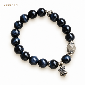 Natural Blue Tiger Stone Dark Round <b>Beaded</b> Stretch <b>Bracelet</b> with <b>Silver</b> Tone Charm for Women Jewelry Wholesale - Product Image 1