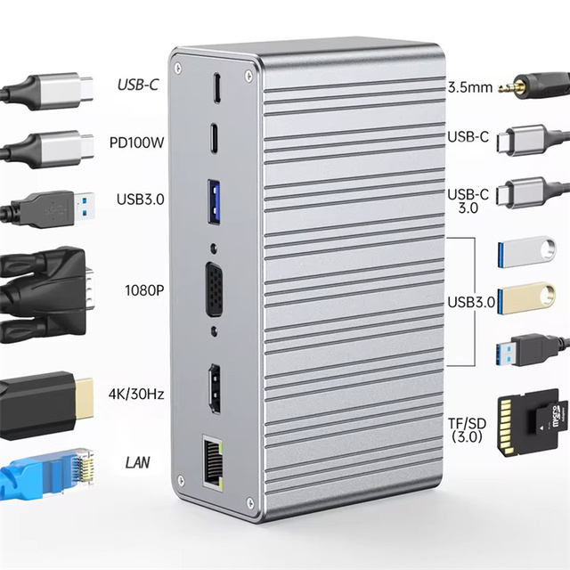 13in1 Type C Docking Station Multiport Adapter 4K HDTV VGA Fast PD Charging Ethernet Audio SD TF Card Reader for Mac Laptop iPad