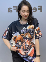 Kaos Wanita LFF-7812/Cross-border Kerah Lebar Lengan Pendek Katun Poliester Musim Panas Fashion Korea Berhias Manik-Manik