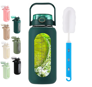 Bouteille d'eau en verre de 64oz avec couvercle en paille et poignée Bouteille en verre de <span class=keywords><strong>motivation</strong></span> d'un demi-gallon avec manchon en silicone et marqueur de temps <span class=keywords><strong>La</strong></span> - Product Image 4