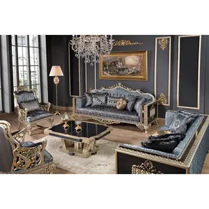 Turco Oriente Médio Luxo Clássico Salon Complet Real Mão Esculpida Meuble Blue Sofa Living Room Furniture Set