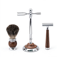 Ensemble de rasage ZY 3 pièces, rasoir de sécurité à double tranchant, lames en acier inoxydable à lame unique, brosse à raser en poils de blaireau, manche en bois de noyer