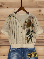 Cardigan en maille beige à motif feuilles pour femme, collection été 2026, col en V, pull ajouré pointelle, 100 % polyester, imprimé botanique, coupe courte