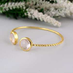 Fashionable <b>Boho</b> Rose Quartz Cuff Bangle Dainty Brass <b>Bracelet</b> for Women 18k Gold Plated Gemstone Jewelry for Wholesale/OEM/ODM - Product Image 5
