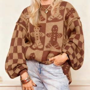 Maglione da Donna con Motivo Omino di Pan di Zenzero, <span class=keywords><strong>Inverno</strong></span> 2026, Girocollo, Maniche Lunghe, Pullover 100% Acrilico, Grazioso Maglione Natalizio - Product Image 1