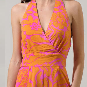 Mono a la moda con estampado hawaiano, corte en V profundo, pierna ancha y abertura, hecho a medida, de alta calidad, 100% rayón, suave. - Product Image 4