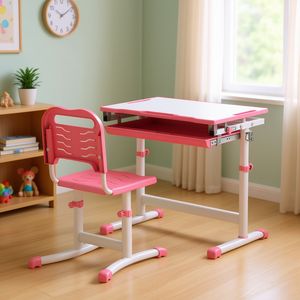 Conjunto de escritorio y silla rosa ajustable para niños con cajón de almacenamiento y tapa inclinable, diseño contemporáneo - Product Image 2