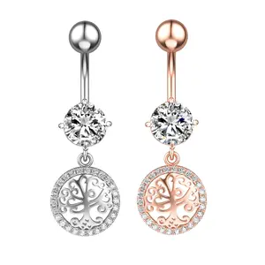 2021 NEW Tree of Life 14g Belly Navel Bar Ring White Crystal Stainless Steel Body Jewelry