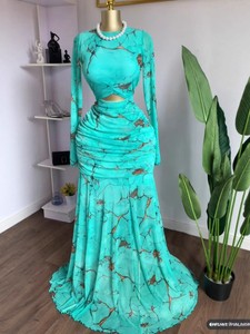 เดรสยาวผ้าตาข่ายพิมพ์ลายหินอ่อนสีเทอร์ควอยซ์สำหรับผู้หญิง - เดรสแฟชั่นแบบรัดรูปเว้าไหล่ - Product Image 4