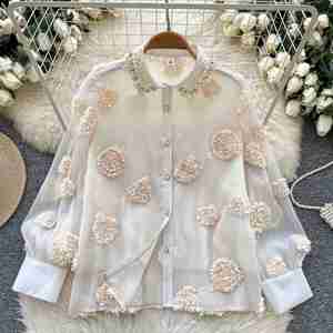 Autumn Loose Full Sleeve Others Collar Casual Mesh Blouses Women Floral <b>Beading</b> Shirts Front Elegant <b>Tops</b> Clothes Wholesale - Product Image 3