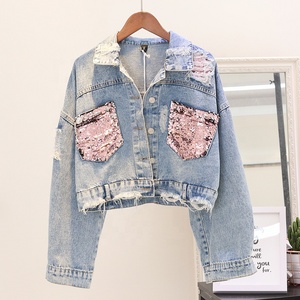Custom Fashion Design <strong>Sequin</strong> Patches Denim <strong>Jacket</strong> Clothing Washed <strong>Sequin</strong> Denim <strong>Jacket</strong> Women Made in China - Product Image 6