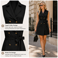 Robe blazer noire sans manches pour femme, col à revers, double boutonnage, taille à nouer, mini-robe, style vintage, décontractée, streetwear d'été