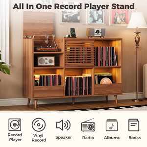 Support pour tourne-disque de style Mid-Century Modern, avec 2 tiroirs, grand support pour tourne-disque avec station de charge et éclairage LED - Product Image 3