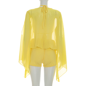 Ensemble d'été pour femmes Viviblook D26ST103, haut en mousseline de soie à col en V profond, manches longues évasées, short à lacets, ensemble 3 pièces pour femmes - Product Image 5