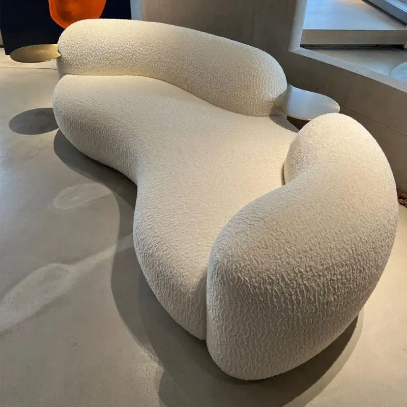Desainer Nordic Sofa lengkung kain boucle putih sofa bentuk melengkung dengan meja kopi ujung kecil pertemuan kasual area sederhana modern