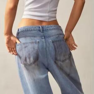 กางเกงยีนส์ขาบานเอวต่ำทรงหลวมสไตล์ลำลองแบบยีนส์เดนิมฟอกสีสำหรับผู้หญิง ขายส่ง OEM - Product Image 4