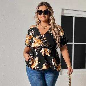 Summer Style Short Sleeve Chiffon Shirt V-neck Elastic Waist Black Tops For Ladies Floral Print Plus Size Blouses