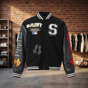 Veste universitaire Saint S Logo pour étudiants, col montant, en toile et laine, design patchwork, imperméable, style vintage pour homme - Product Image 3
