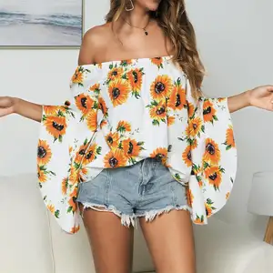 2019 Mulheres de outono Best selling girassol impressão de um ombro camisa lady tops vestuário