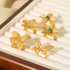 Anello di moda moda fiore in acciaio inox farfalla intarsiato anello di pietra naturale per le donne