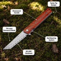Couteau pliant de poche Damas, manche en bois, couteau tactique portable pour la chasse, le camping, la survie, outil de transport d'urgence DM008