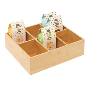 Kotak Organizer penyimpanan meja dapur bambu grosir kotak pengatur penyimpanan dapur kayu untuk kantung teh, paket makanan ringan, barang kecil