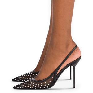 Sandalias de malla transpirable sexys para mujer con tira trasera, tacones altos y delgados, zapatos de tacón de aguja con pequeños diamantes de imitación, estilo slingback para vestir - Product Image 6
