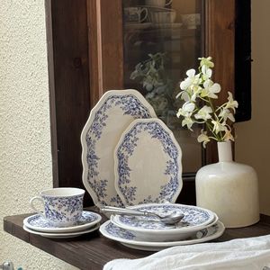 British Country-Style Ceramic Pastry and Pasta Plate Dish Blue <b>Small</b> Flower Design with Stand for Parties - Product Image 1