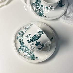 طبق عتيق مطلي يدويًا وطيور سيراميك للمنزل بعد الظهر طبق فطور زهور فنجان قهوة صحن - Product Image 4
