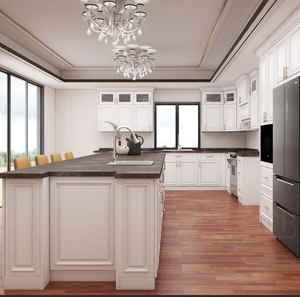 Ensemble de meubles de cuisine modernes et minimalistes avec îlot, finition gris mat, plan de travail en quartz blanc, design sans poignées - Product Image 2