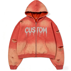Distressed Zip up Hoodie High Street Vintage Fashion Cotton Custom Screen Printing Oversize Acid Wash Hoodie Rhinestones Logo - Product Image 1
