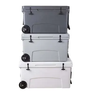 पहियों के साथ Rotomolded कूलर बॉक्स गुणवत्ता प्लास्टिक 125L बर्फ छाती कूलर बॉक्स के लिए अछूता हार्ड कूलर डेरा डाले हुए