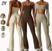Combinaison JY moulante à dos froncé, coupe évasée, col carré, fines bretelles, couleur unie, pour femme, idéale pour la gym, le yoga et la course, avec dos croisé
