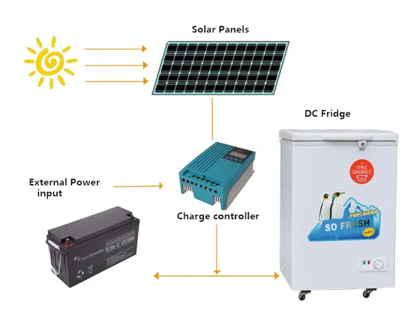 Panel solar horizontal, controlador de batería de 100l, CC de 12V/24V, congelador de pecho profundo