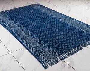 Indigo Boho Flatweave Cotton Kilim Rug Hand Block Printed <b>Runner</b> Handwoven India Carpet Home Decor - Product Image 1
