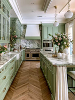 Ensemble d'armoires de cuisine en bois massif de style européen modulaire personnalisé avec finition brillante, cuisine de villa et îlot en marbre