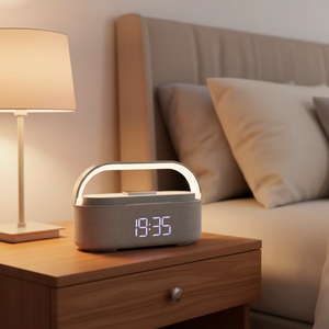 Haut-parleur Bluetooth multifonctionnel rétro pour bureau, <span class=keywords><strong>avec</strong></span> chargeur sans fil, horloge-réveil, <span class=keywords><strong>radio</strong></span> FM à bruit blanc et lampe d'ambiance de chevet - Product Image 1
