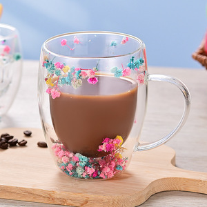 High Borosilicate Glass Drinkware Cross-Border Double-Layer Quicksand Dried Flower Cup for Milk <b>Coffee</b> Household Use - Product Image 1