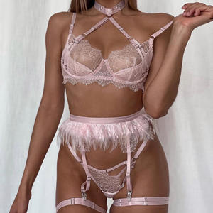 Hot Feather Luxury Lace Sexy Ropa interior erótica Conjunto de 3 piezas Mujeres Transparente Sexy 2024 Conjuntos de lencería Ropa de mujer - Product Image 1