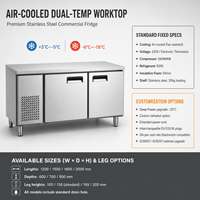 Réfrigérateur-congélateur professionnel en acier inoxydable avec plan de travail, refroidissement par air, dimensions 1200/1500/1800 mm