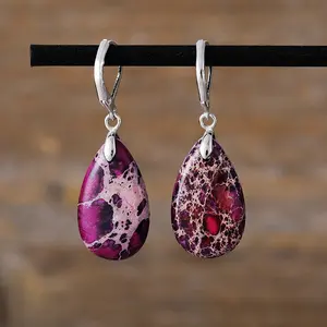 Lever Back Purple Sea Sediment Jasper Drop Earrings Natural Stone Teardrop Dangle Earrings Vintage Jewelry