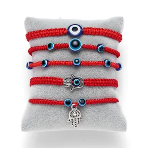 Bracelet ajustable fait main en fil de soie rouge avec breloque main de Fatima et œil <span class=keywords><strong>turc</strong></span> bleu contre le mauvais œil, bijoux pour femme - Product Image 1