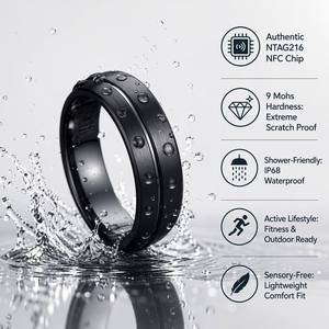 Ensemble de bagues intelligentes NFC en tungstène, bande brillante de 7,1 mm, design ligne bleue, puce NTAG216, anti-allergie, résistant aux rayures, personnalisable - Product Image 1