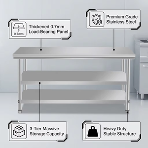 Table de travail commerciale à 3 niveaux en acier inoxydable 1200x800x800mm, station de préparation et table de rangement avec pieds réglables pour <span class=keywords><strong>restaurant</strong></span> - Product Image 3