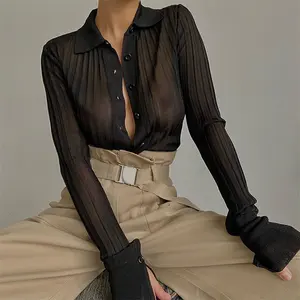 Sexy breasted long sleeve blouse new solid color office lapel shirt for women see through transparent ribbed tops blouse