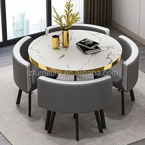 French Style Modern <b>Space</b> <b>Save</b> Small Home Dinning Furniture Restaurant Round Marble Gold Metal Base Dining <b>Table</b> and 4 Chair Set - Product Image 1
