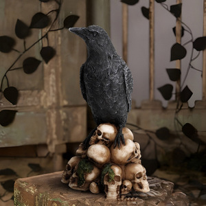 Harsen Ravenbeeld Art Deco Zwarte Vogel En Kat Zittend Op Skelet Met Rozenkroon Halloween Home Decor - Product Image 3